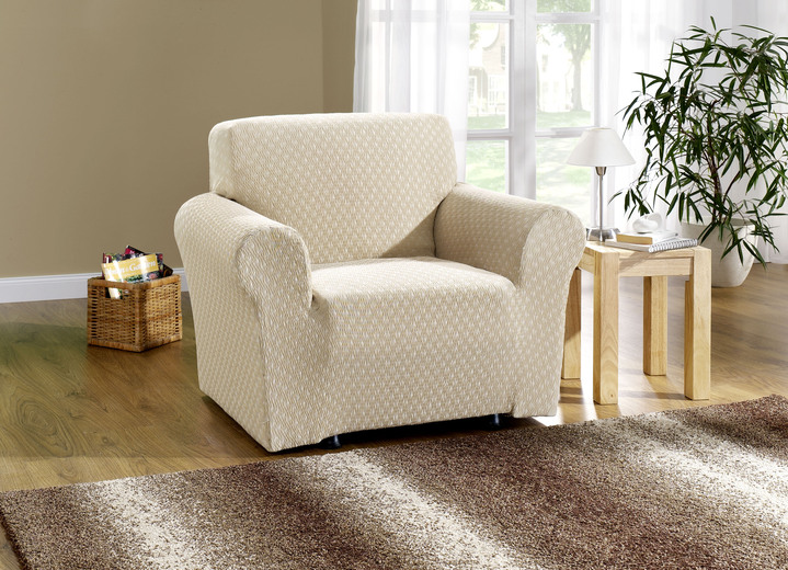 Sessel- & Sofaüberwürfe - Stretchbezüge mit schöner Strukturierung, in Größe 101 (Sesselbezug) bis 115 (Stuhlbezüge, 4er-Set), in Farbe CREME Ansicht 1