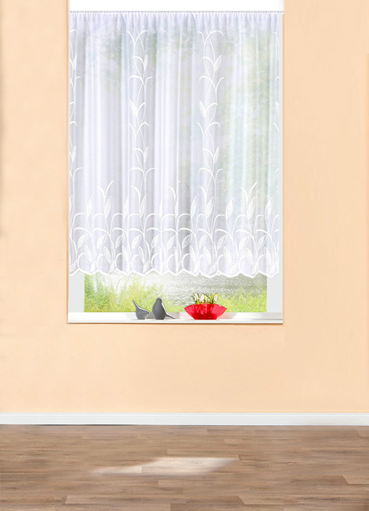 - Blumenfenster-Store mit naturnahem Blätterdessin, in Größe 140 (H120xB300 cm) bis 179 (H175xB450 cm), in Farbe WEISS Ansicht 1