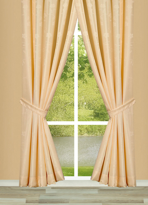 - Exquisite Übergardinen-Garnitur mit edlem Glanz, in Größe 364 (H150xB132 cm) bis 899 (2er-Pack Raffhalter, ca. 60 cm), in Farbe NATUR Ansicht 1
