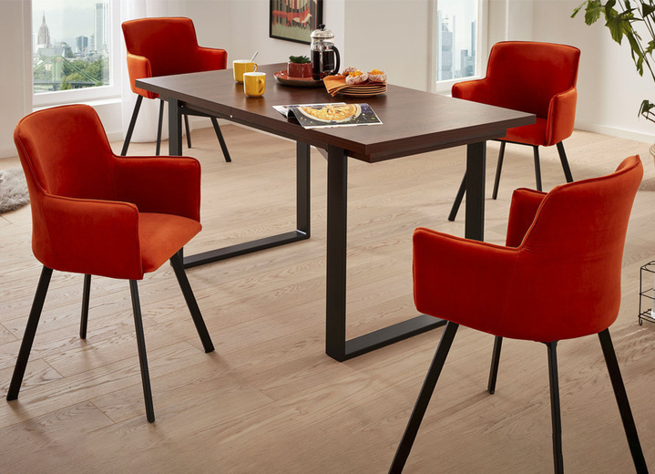 - Essgruppe, 5-teilig, mit geschmiedeten Metallfüßen, in Farbe ORANGE-NUSSBAUM