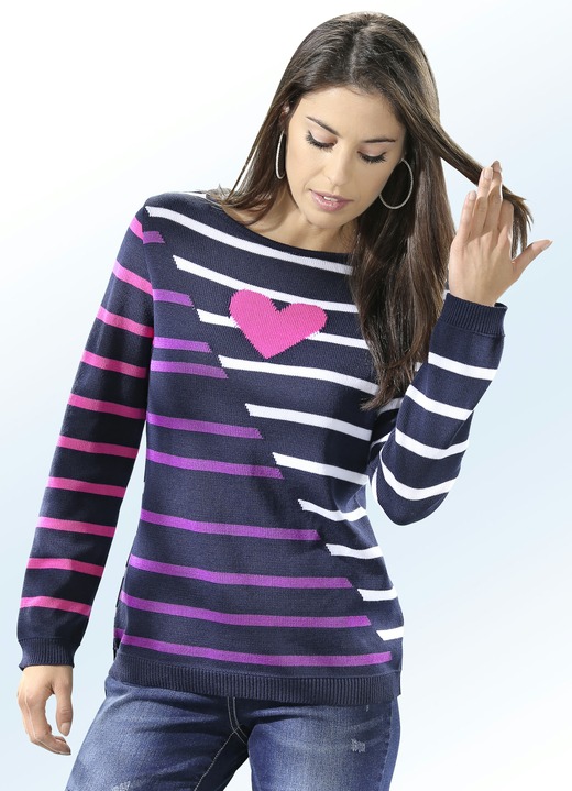 Langarm - Pullover mit Ringeldessin und Herzmotiv, in Größe 036 bis 048, in Farbe MARINE-PINK-LILA-WEISS