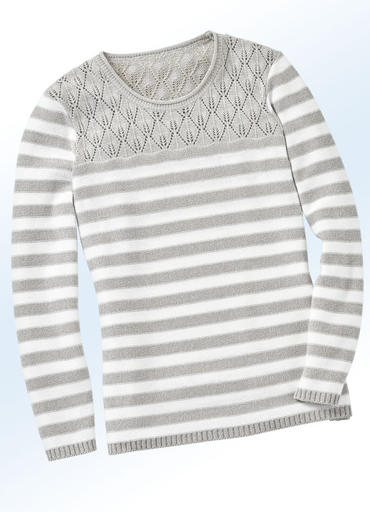 Langarm - Pullover mit Ringeldessin allover, in Größe 036 bis 050, in Farbe GRAU MELIERT-WEISS Ansicht 1