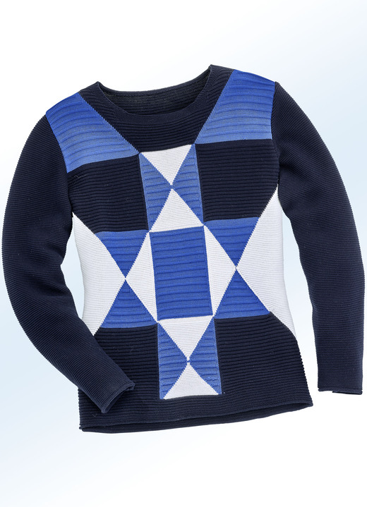 Pullover & Strickmode - Pullover in 2 Farben mit tollem Mustermix, in Größe 038 bis 052, in Farbe MARINE-ROYALBLAU-ECRU