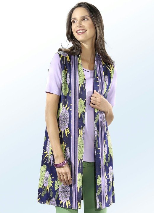- ELENA EDEN Long-Strickweste in verschlussloser Form, in Größe 038 bis 052, in Farbe MARINE-FLIEDER-GRÜN-GELB