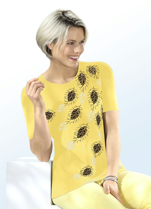 Kurzarm - Shirt mit interessantem Blätterdruck in 2 Farben, in Größe 036 bis 052, in Farbe GELB Ansicht 1