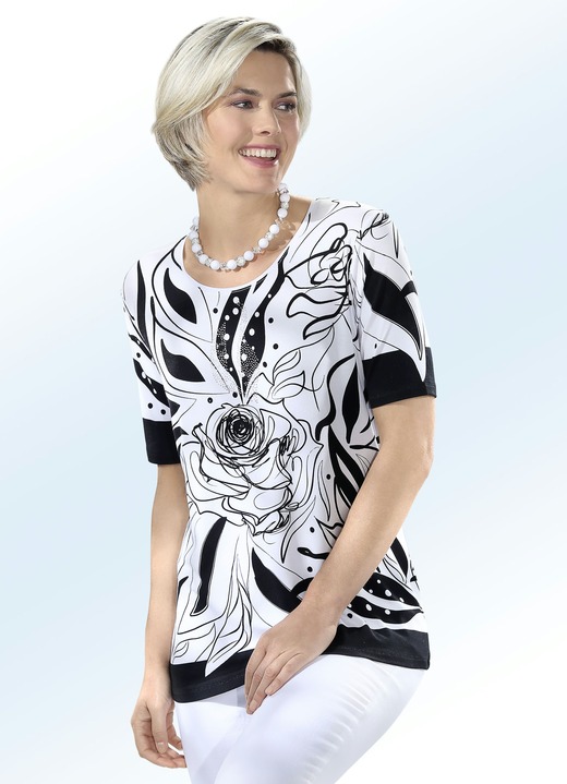 Kurzarm - Shirt mit rundem Halsausschnitt in 2 Farben, in Größe 038 bis 054, in Farbe WEISS-SCHWARZ Ansicht 1