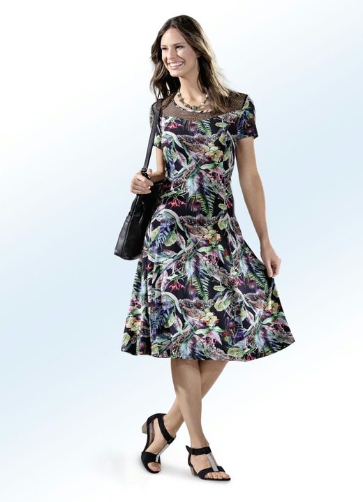Kleider - Kleid mit Netzeinsatz Kleider - Kleid mit Netzeinsatz, in Größe 036 bis 054, in Farbe SCHWARZ-BUNT