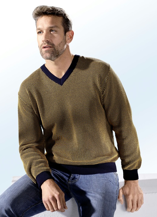 - Interessanter Pullover mit V-Ausschnitt, in Größe 046 bis 062, in Farbe MARINE-MESSING