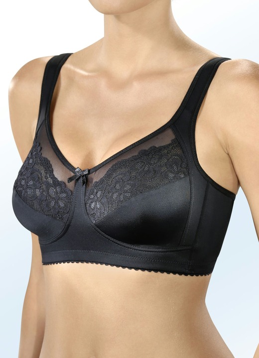 Tagwäsche - Formschöner BH mit Elastikspitze und -tüll in den Obercups, in Größe 080 bis 100, in Cup E, in Farbe SCHWARZ Ansicht 1