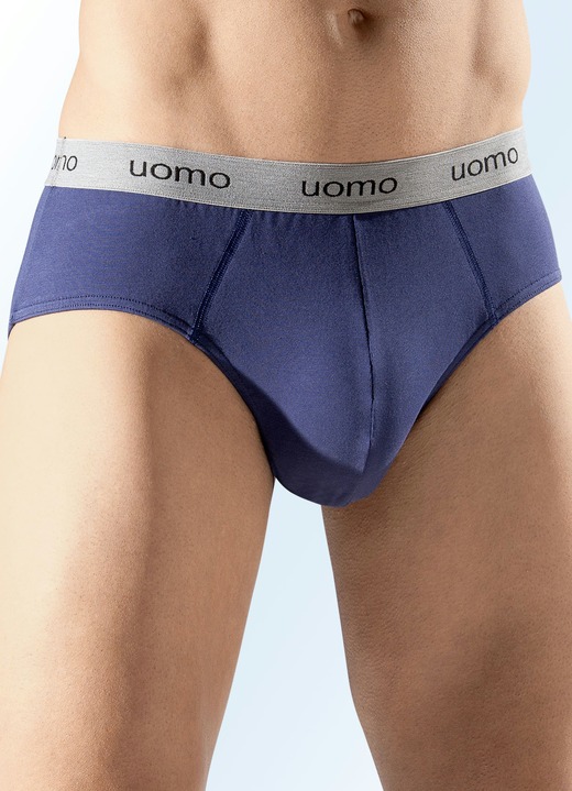 - Fünferpack Slips, uni mit Elastikbund, in Größe 005 bis 009, in Farbe 3X NAVY, 2X SCHWARZ