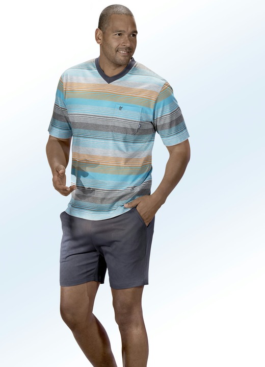 Shortys - Hajo Klima Komfort Shorty mit garngefärbtem Ringeldessin, V-Ausschnitt, Brusttasche, in Größe 046 bis 060, in Farbe TÜRKIS-BUNT