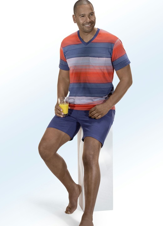 Herrenwäsche - Shorty aus BIO-Baumwolle mit V-Ausschnitt, garngefärbtem Ringeldessin und Brusttasche, in Größe 048 bis 062, in Farbe HUMMER-BLAU
