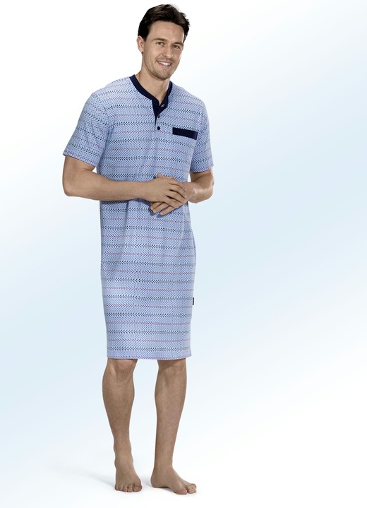 Herrenwäsche - Nachthemd aus BIO-Baumwolle mit Knopfleiste und Brusttasche, in Größe 048 bis 064, in Farbe HELLBLAU-MARINE