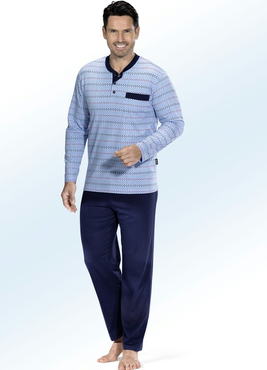 Herrenmode - Schlafanzug aus BIO-Baumwolle mit Knopfleiste und Brusttasche, in Größe 048 bis 066, in Farbe HELLBLAU-MARINE