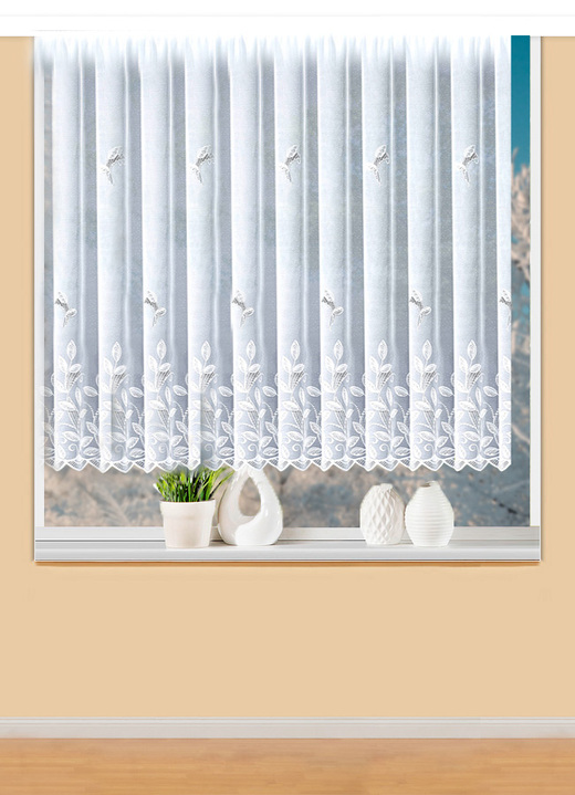 - Blumenfenster-Store mit Universalschienenband, in Größe 140 (H120xB300 cm) bis 176 (H175xB300 cm), in Farbe WEISS Ansicht 1