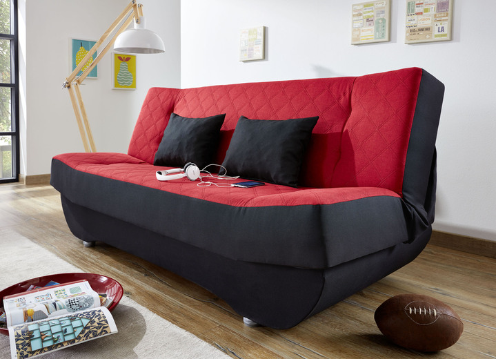 Schlafsofas - Klick-Klack-Sofa mit Dekokissen und Bettkasten, in Farbe SCHWARZ - ROT Ansicht 1
