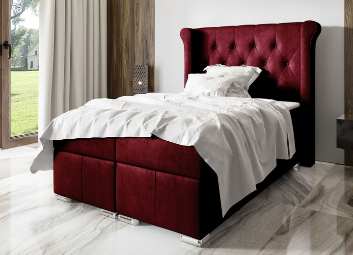 Boxspringbetten - Boxspringbett mit Topper und Stoffbezug aus Samt, in Farbe ROT Ansicht 1