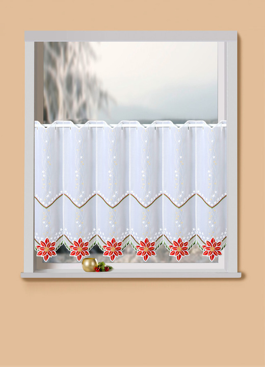 Plauener Stickerei - Kurzstore mit Blüten-Weihnachtsstern, in Größe 825 (H35xB 95 cm) bis 862 (H55xB160 cm), in Farbe WEISS-ROT Ansicht 1