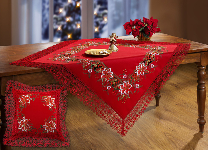 - Tisch- und Raumdekoration mit Makrameeborte und floralen Stickereien, in Größe 101 (Läufer, 40/ 85 cm) bis 404 (Kissenbezug, 40/ 40 cm), in Farbe ROT Ansicht 1