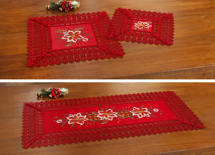 Tischdecken - Tisch- und Raumdekoration mit Makrameeborte und floralen Stickereien, in Größe 101 (Läufer, 40/ 85 cm) bis 404 (Kissenbezug, 40/ 40 cm), in Farbe ROT Ansicht 1