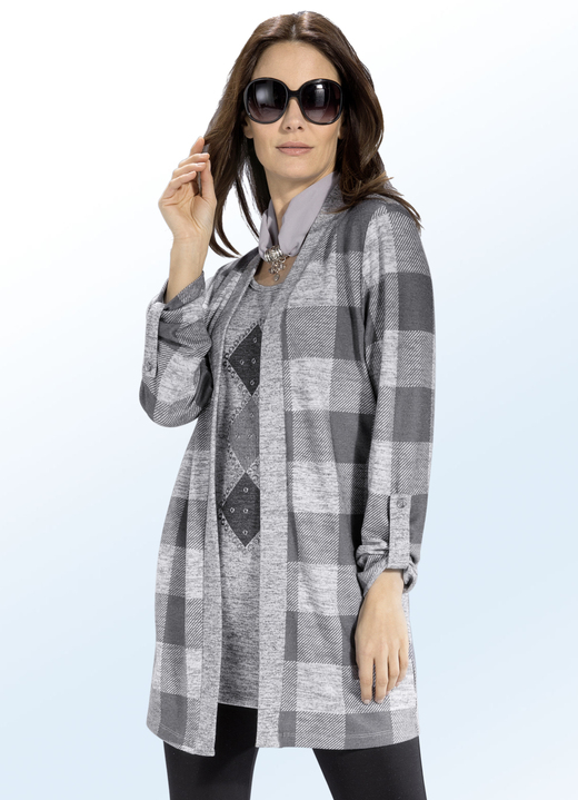 Langarm - Longshirt mit Allover-Dessin, in Größe 040 bis 056, in Farbe GRAU