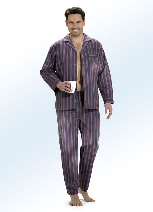 - Schlafanzug, durchgeknöpft, aus Webware mit Streifendessin, in Größe 046 bis 060, in Farbe GRAFIT-BORDEAUX