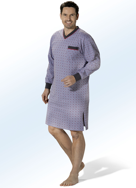 - Nachthemd mit V-Ausschnitt, Brusttasche und Alloverdessin, in Größe 048 bis 066, in Farbe GRAU-ROT