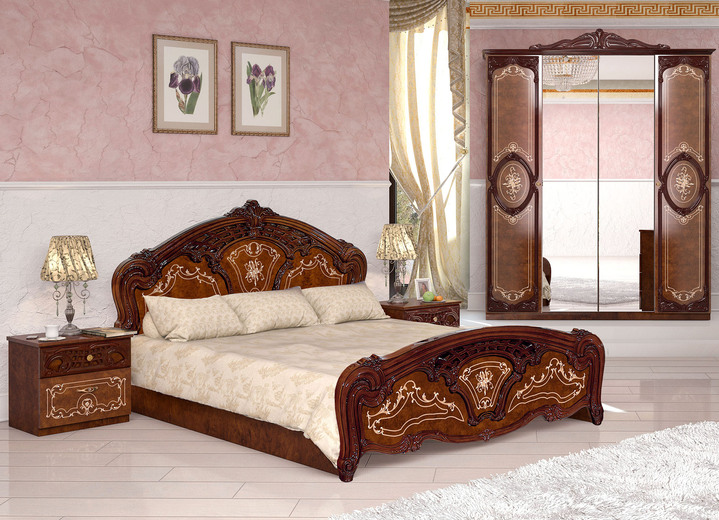 - Schlafzimmer-Set, 4-teilig, mit Hochglanz-Oberfläche und Reliefzier, in Farbe NUSSBAUM, in Ausführung mit 4-türigem Kleiderschrank