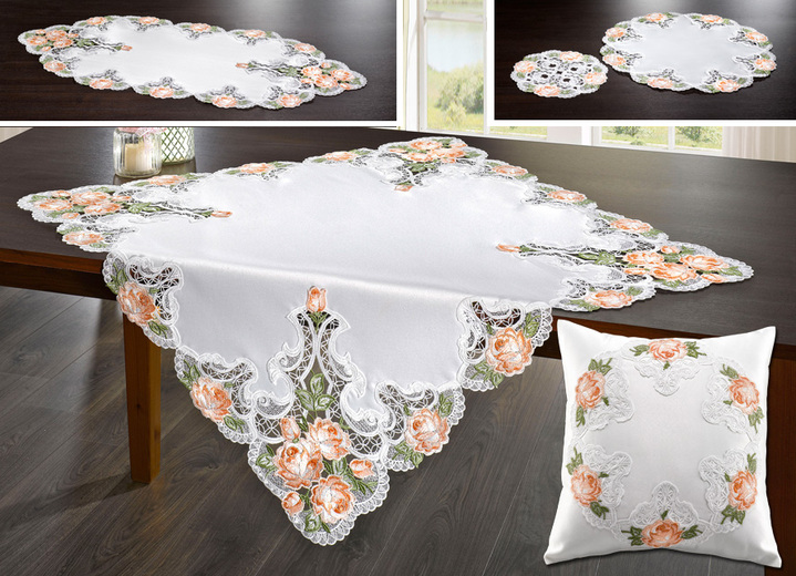 Tischdecken - Tischdekoration aus echter Plauener Spitze, in Größe 110 (Deckchen rund, ø 34 cm) bis 404 (Kissenbezug, 40/ 40 cm), in Farbe WEIß-ROSÉ