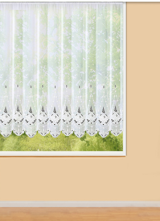 Klassisch - Blumenfenster-Store mit Universalschienenband, in Größe 140 (H125xB300 cm) bis 181 (H175xB600 cm), in Farbe WEISS Ansicht 1