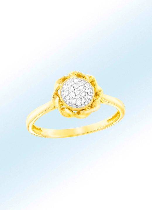 - Blütenförmiger Damenring mit 19 Diamanten, in Größe 160 bis 220, in Farbe