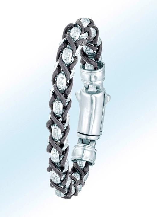 Herren-Modeschmuck - Geflochtenes Leder-Armband mit Elementen aus Stahl, in Farbe