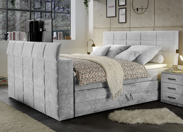Boxspringbetten - Boxspringbett mit elektrisch versenkbarer TV-Halterung, in Farbe HELLGRAU, in Ausführung mit Bettkasten Ansicht 1