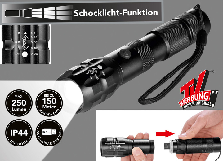 Praktische Hilfsmittel - Akkubetriebene Taschenlampe, in Farbe SCHWARZ Ansicht 1