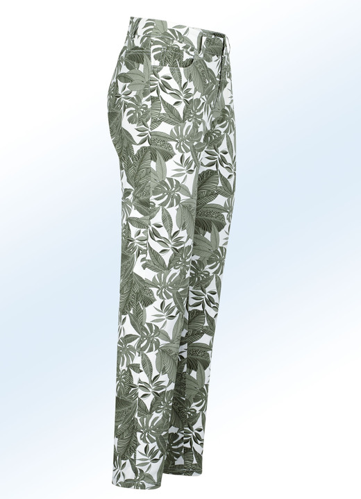 Hosen - Hose in trendiger Blätter-Dessinierung, in Größe 017 bis 052, in Farbe OLIV-WEISS Ansicht 1