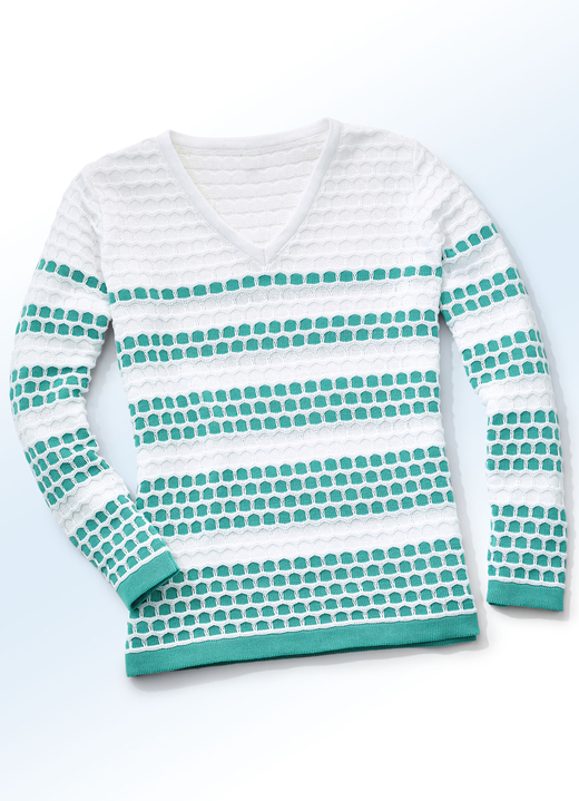 - Pullover in 2 Farben mit pfiffigem Dessin, in Größe 036 bis 052, in Farbe JADEGRÜN-WEISS