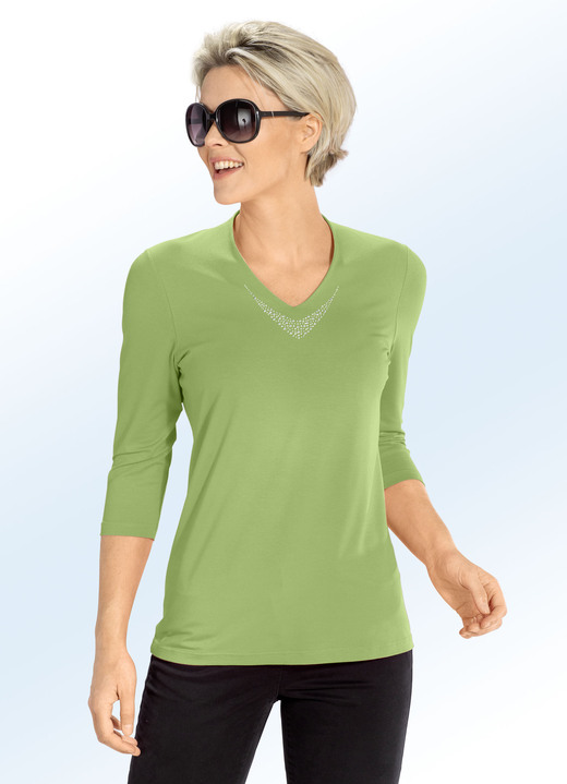 3/4-Arm - Shirt mit V-Ausschnitt in 5 Farben 3/4-Arm - Shirt mit V-Ausschnitt in 5 Farben, in Größe 036 bis 054, in Farbe LIMETTE