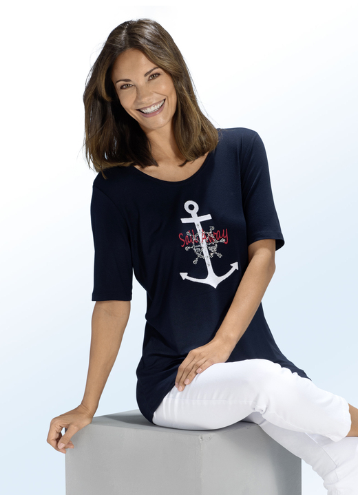 Kurzarm - Shirt mit maritimer Stickerei-Applikation in 2 Farben, in Größe 038 bis 056, in Farbe MARINE Ansicht 1