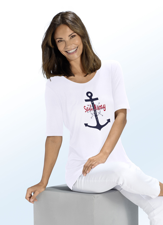 Kurzarm - Shirt mit maritimer Stickerei-Applikation in 2 Farben, in Größe 038 bis 056, in Farbe WEISS Ansicht 1