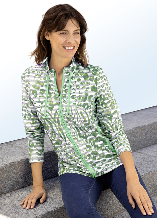 - Shirtjacke mit Bindeband am Kragen in 2 Farben, in Größe 036 bis 052, in Farbe GRÜN-GRAU