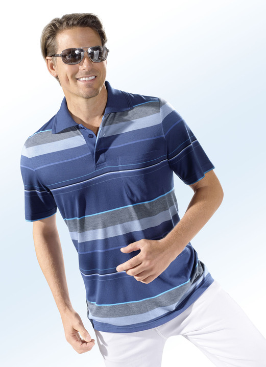 Shirts - Poloshirt mit Brusttasche, in Größe 046 bis 062, in Farbe BLAU-BUNT
