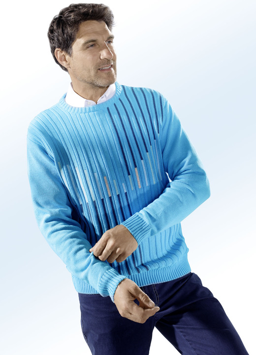 Gemustert - Sommerlicher türkisfabener Pullover Gemustert - Sommerlicher türkisfabener Pullover, in Größe 046 bis 062, in Farbe TÜRKIS