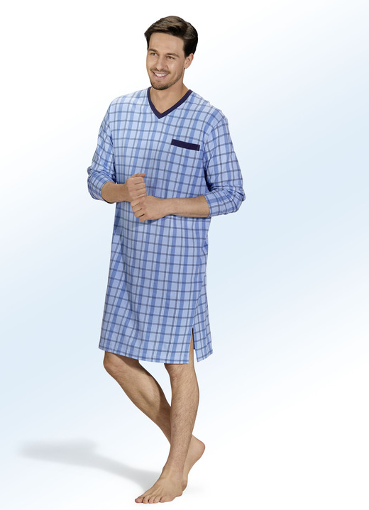- Nachthemd aus BIO-Baumwolle, mit V-Ausschnitt und Karodessin, in Größe 048 bis 066, in Farbe BLAU-MARINE