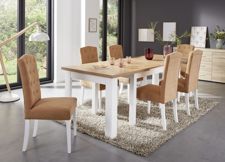 - Esszimmermöbel aus massivem Buchenholz, in Farbe WEISS-BEIGE, in Ausführung Essgruppe, 5-teilig