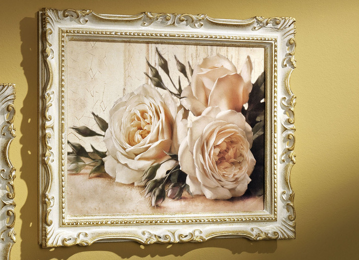 - Bild Rosen mit edlem Holzrahmen, in Farbe WEISS/GOLD, in Ausführung nach links zeigende Rosen Ansicht 1