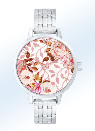 Romantische Quartz-Damenuhr mit Blumen-Motiv