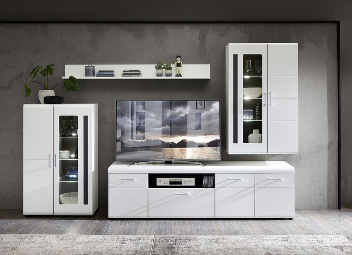 - Trendstarke Wohnwand mit LED-Beleuchtung, in Farbe WEISS-GRAPHIT