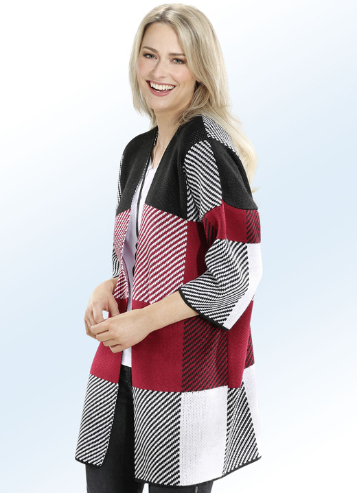 - Long-Strickjacke in flottem Jacquard-Dessin, in Größe 036 bis 052, in Farbe WEINROT-ECRU-SCHWARZ