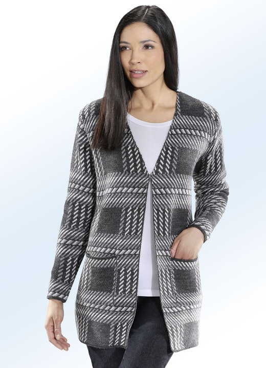 Pullover & Strickmode - Long-Strickjacke in Jacquard-Dessin, in Größe 036 bis 050, in Farbe GRAFIT-GRAU-ECRU