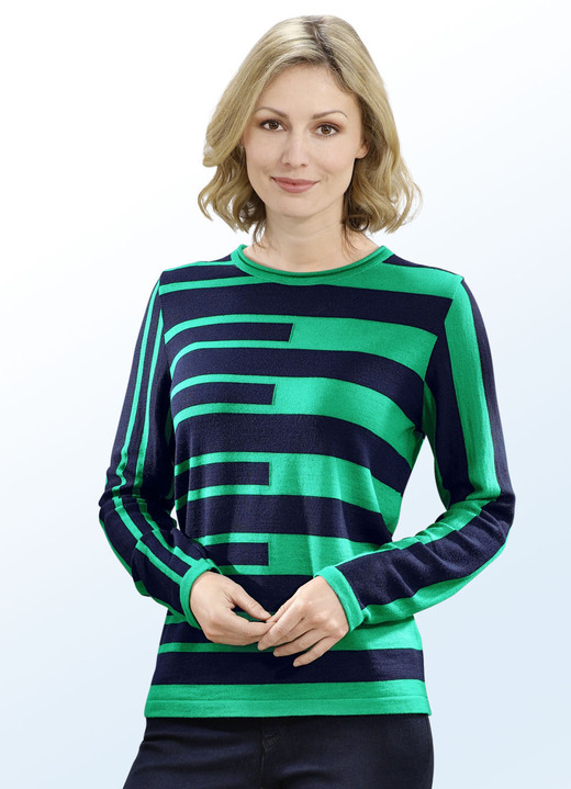- Pullover in dekorativem Streifendessin, in Größe 036 bis 052, in Farbe GRÜN-MARINE